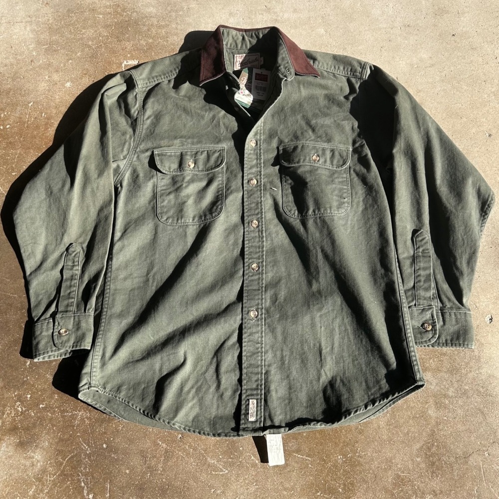 Woolrich Canvas Shirt Mens Medium Green NEW Made in USA Corduroy Collar 6860